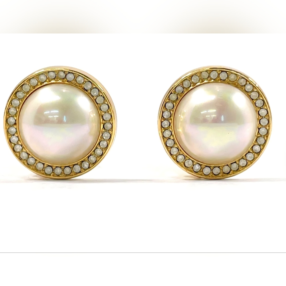 Christian Dior Vintage Goldtone Pearl Rhinestone Halo Clip On Earrings
